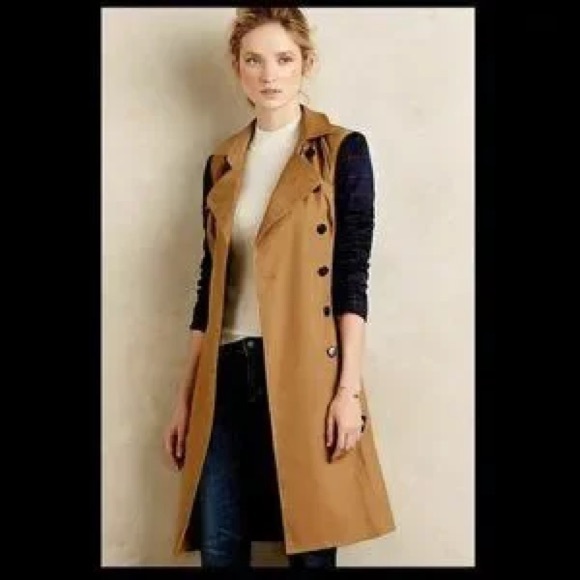 Anthropologie // Harlyn Tan Double-Breasted Trench Coat with Navy Plaid Detail - Picture 3 of 16